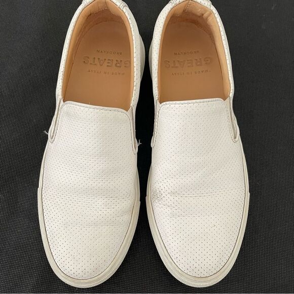 GREATS White Leather Perforated Slip On Sneakers size 8 - Picture 1 of 8